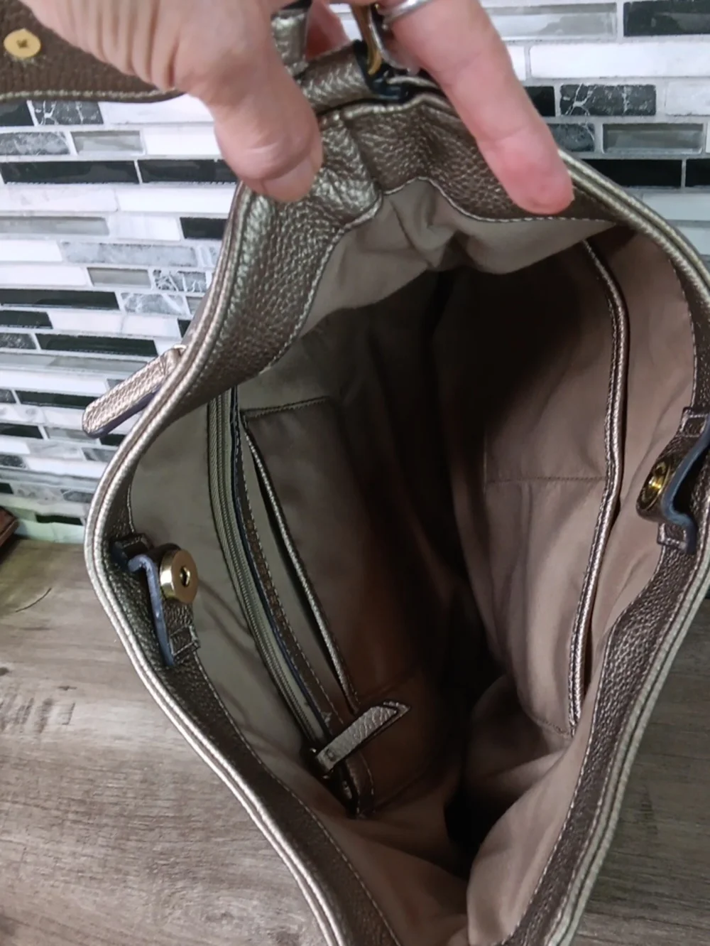 Liz Claiborne Gold Pebbled Leather Studded Hobo Bucket Purse